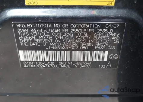 2007 Lexus Gs 350 from USA, damaged, VIN JTHBE96S670021080